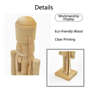Close-up detail of a 12cm unpainted natural wooden nutcracker puppet for DIY craft.