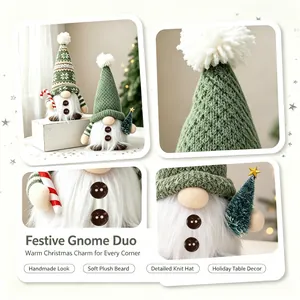 Detailed close-up of green knit Christmas gnomes with soft plush beards and hats