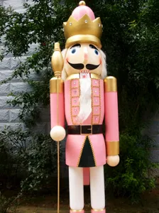 Large 1.8m pink wooden Nutcracker soldier statue for outdoor Christmas decoration