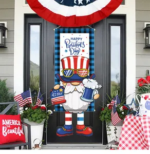 Festive patriotic gnome door banner displayed on a front porch for Independence Day décor.