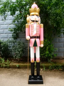 Large 1.8m pink and gold wooden nutcracker soldier statue for outdoor Christmas decor