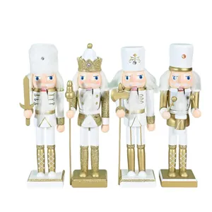 Set mit 4 gold-weißen 38cm Holz-Nussknacker-Soldaten für Weihnachtsdeko