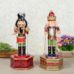 Traditional Wooden Nutcracker Mechanical Music Box Wind-up Soldier King Figurine Christmas Decoration Ornament Gift