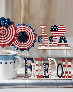 Wooden July 4th Independence Day table decorations featuring Freedom and USA signs