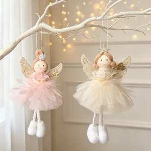 Pair of handmade Christmas angel hanging dolls with glitter wings and soft feather tutus