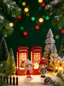 Detailed view of cozy Christmas town miniature scene with glowing telephone booths