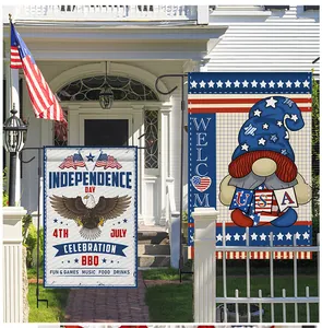 Set of two Independence Day garden flags featuring eagle and festive gnome motifs