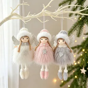 Muñeca de Ángel de Peluche de Navidad Adorno Colgante con Alas de Purpurina y Gorro de Punto Blanco Rosa Gris Decoración de Árbol de Navidad para Hogar Fiesta Ventana