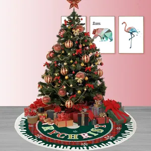 Falda de Árbol de Navidad Borde de Cuadros Merry Christmas Impresión de Letras Rojo Verde Copo de Nieve Base Redonda Decoración