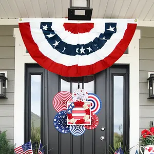 Large American Independence Day pleated fan bunting and wreath for outdoor porch decor.