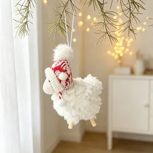 Adorable décoration de Noël mouton en peluche avec bonnet tricoté rouge et blanc festif