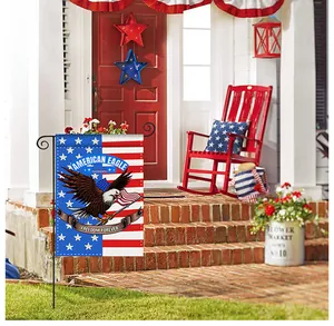Close-up of a patriotic American garden flag displayed on a scenic porch steps setting