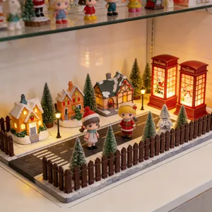 Detailed view of the lit Christmas miniature town and micro landscape DIY accessories