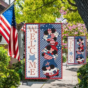 Patriotic 4th of July garden flag featuring cute gnomes and Welcome text for yard