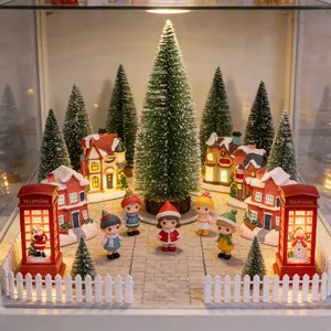 Detailed view of cozy Christmas town miniature DIY set with figurines and lighted houses