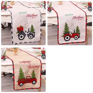 Christmas Linen Table Runner Red Black Buffalo Plaid Tractor Christmas Tree Print Decorative Tablecloth For Home Dining