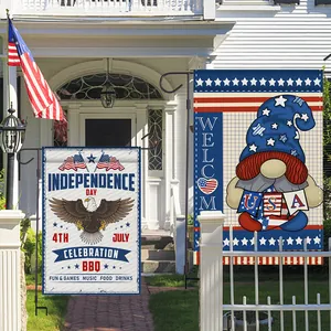 Set of two Independence Day garden flags with eagle and patriotic gnome designs on stands