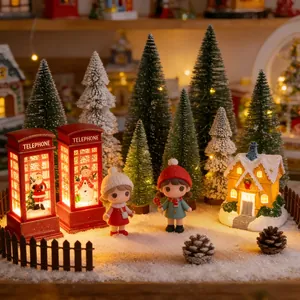 Miniature Christmas Micro Landscape Accessories Resin Snow House Luminous Telephone Booth Flocked Pine Tree DIY Scene Ornaments Festive Micro Town Decorations