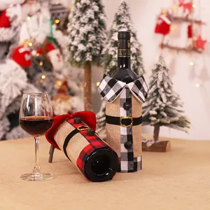 Rustic burlap plaid Christmas wine bottle covers with bells for festive table decor