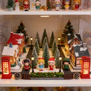 Exquisite Christmas miniature town scene with tiny doll figures and snowy houses.