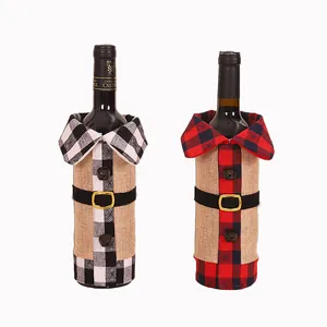 Set of two Nordic style Christmas wine bottle covers with burlap and plaid coat design