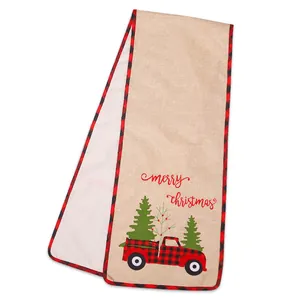 Christmas burlap table runner with red black plaid truck and merry christmas text