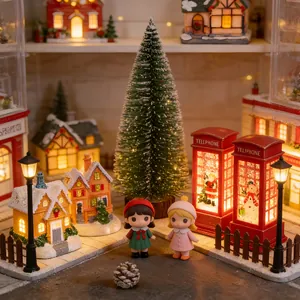 Detailed macro view of a cozy Christmas miniature village with glowing houses and figurines