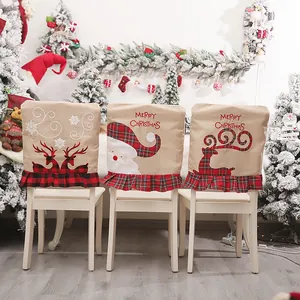 Coprisedia Natalizi in Iuta a Quadri con Renne Ricamate Fodere per Sedie da Pranzo per Feste di Natale Hotel Casa Ristorante