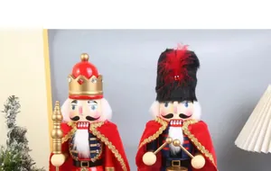 Detailed view of 38cm wooden nutcracker soldiers with velvet capes and festive props