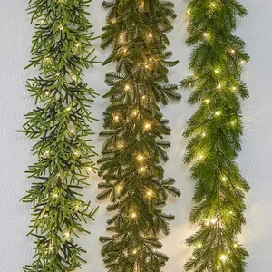 Artificial Christmas Garland With Warm White LED Lights PE Pine Rattan For Mantle Stair Gate Holiday Party Home Decor
