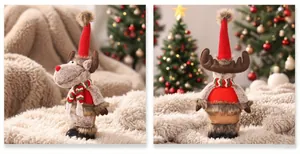 Seiten- und Rückansicht eines süßen Weihnachts-Rentier-Plüschtiers mit rotem Hut