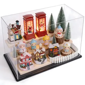 Christmas miniature landscape DIY town with tiny houses and figures in clear display case