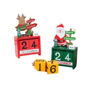 Wooden Christmas countdown calendar featuring Santa Claus and reindeer characters.