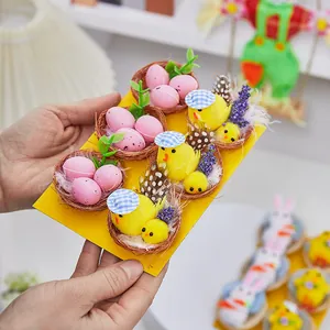 Décoration de Pâques Poussin Lapin en Peluche Nid de Chanvre Oeuf en Mousse pour Fête Maison Bricolage DIY