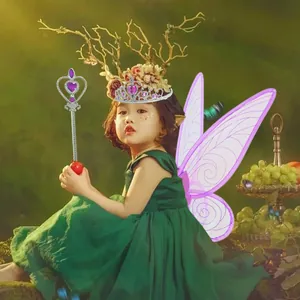 Set costume da fata per bambini con ali di farfalla viola corona e bacchetta magica viola