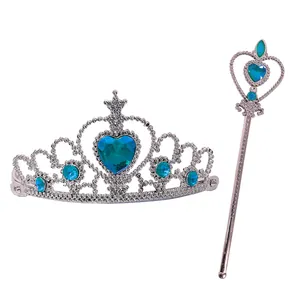 Set costume principessa bambina con diadema argento e bacchetta magica con gemme verde acqua