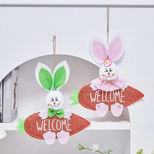 Adorno Colgante de Conejo de Pascua y Zanahoria de Arpillera Hecho a Mano Letrero Welcome Para Jardín de Infantes Hogar Fiesta