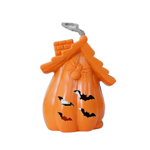 Lanterna arancione a forma di casa fantasma zucca Halloween con ragno e pipistrelli