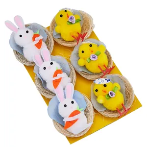 Lot de 6 figurines de lapin et poussin de Pâques dans des nids de paille pour décoration.