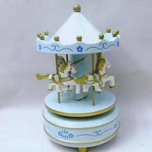 Classic sky blue and gold carousel music box with white horses for home decor