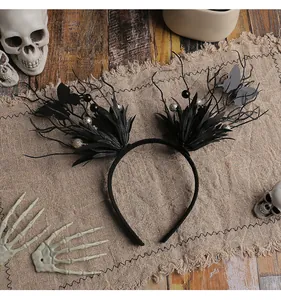 Detailed view of a black Halloween branch headband with bats on a rustic background.