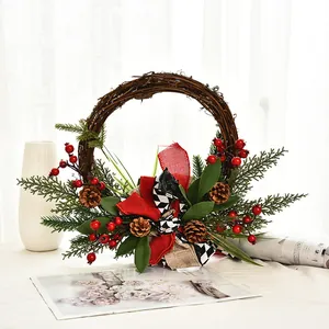 Handmade Christmas Wreath Natural Vine Wood Red Berry Buffalo Plaid Bow Rustic Holiday Door Hanging Decoration