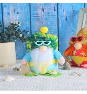 Detailed view of cute summer beach gnome plush dolls with sunglasses on a blue background