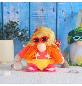 Close-up of a cute beach gnome wearing a red bikini and sunglasses for summer decor