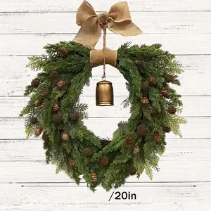 Christmas Wreath Pine Cones Metal Bell Burlap Bow Rattan Ring Artificial Pine Needle Hanging Decoration For Home Front Door Xmas Party Decor