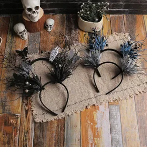 Halloween decorative headbands with branches, ghost hands and butterflies on rustic wood