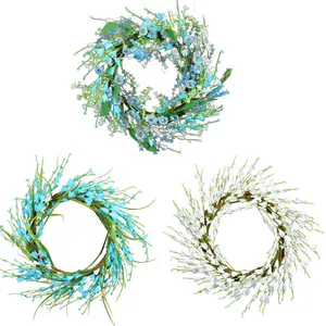 Juego de coronas decorativas de bayas artificiales con flores azules y blancas hogar