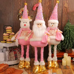 Ensemble de grandes figurines de Noël télescopiques roses : Père Noël, bonhomme de neige et renne