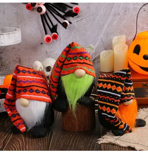 Handmade Halloween knitted gnome plush dolls with long striped hats and colorful beards