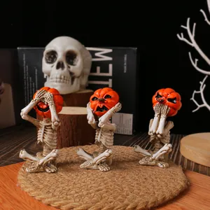 Statuine Di Scheletro Con Testa Di Zucca Resina Meditazione Yoga Non Vedo Sento Parlo Halloween Decorazioni Da Scrivania